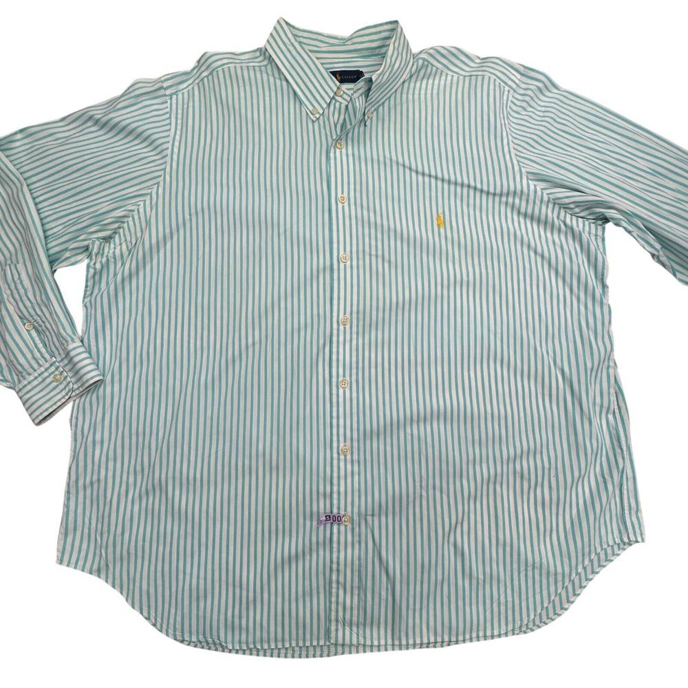 Ralph Lauren Shirt Mens Big 2X White Blue Striped Pony Logo Collared Button Down